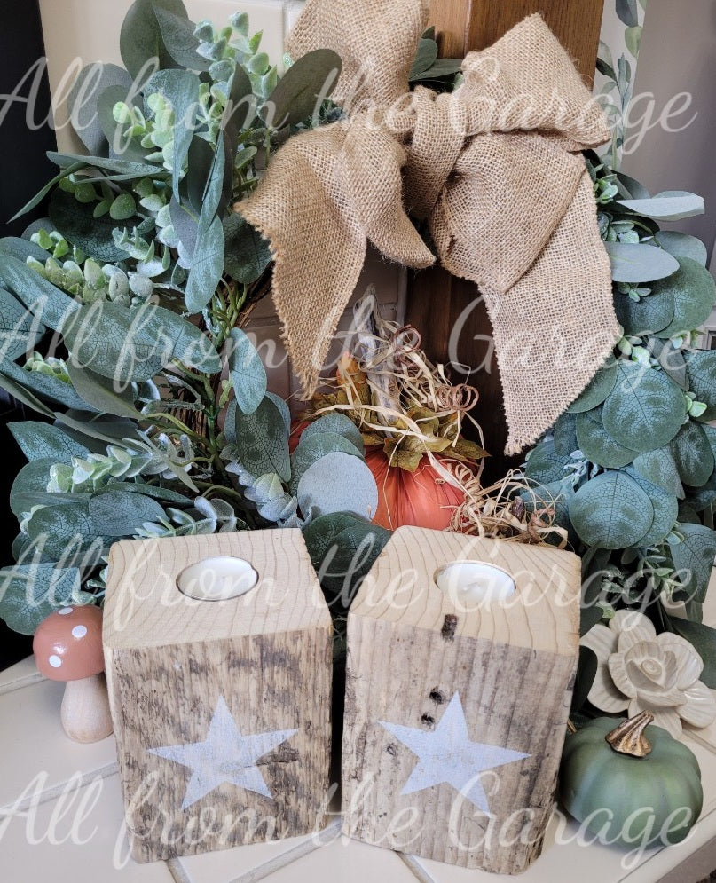 Reclaimed timber star t-light candle holders