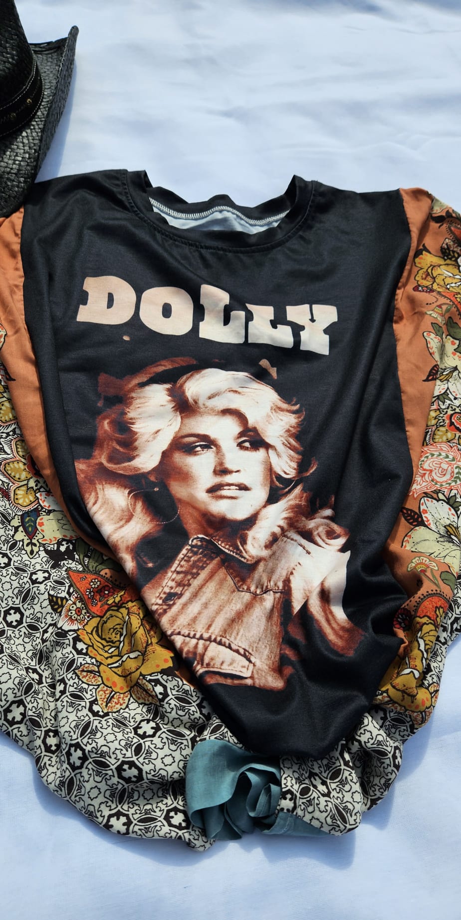 Dolly Parton Western Graphic Tee with Vibrant Floral Kimono for Festival, Concert, Rodeo Style