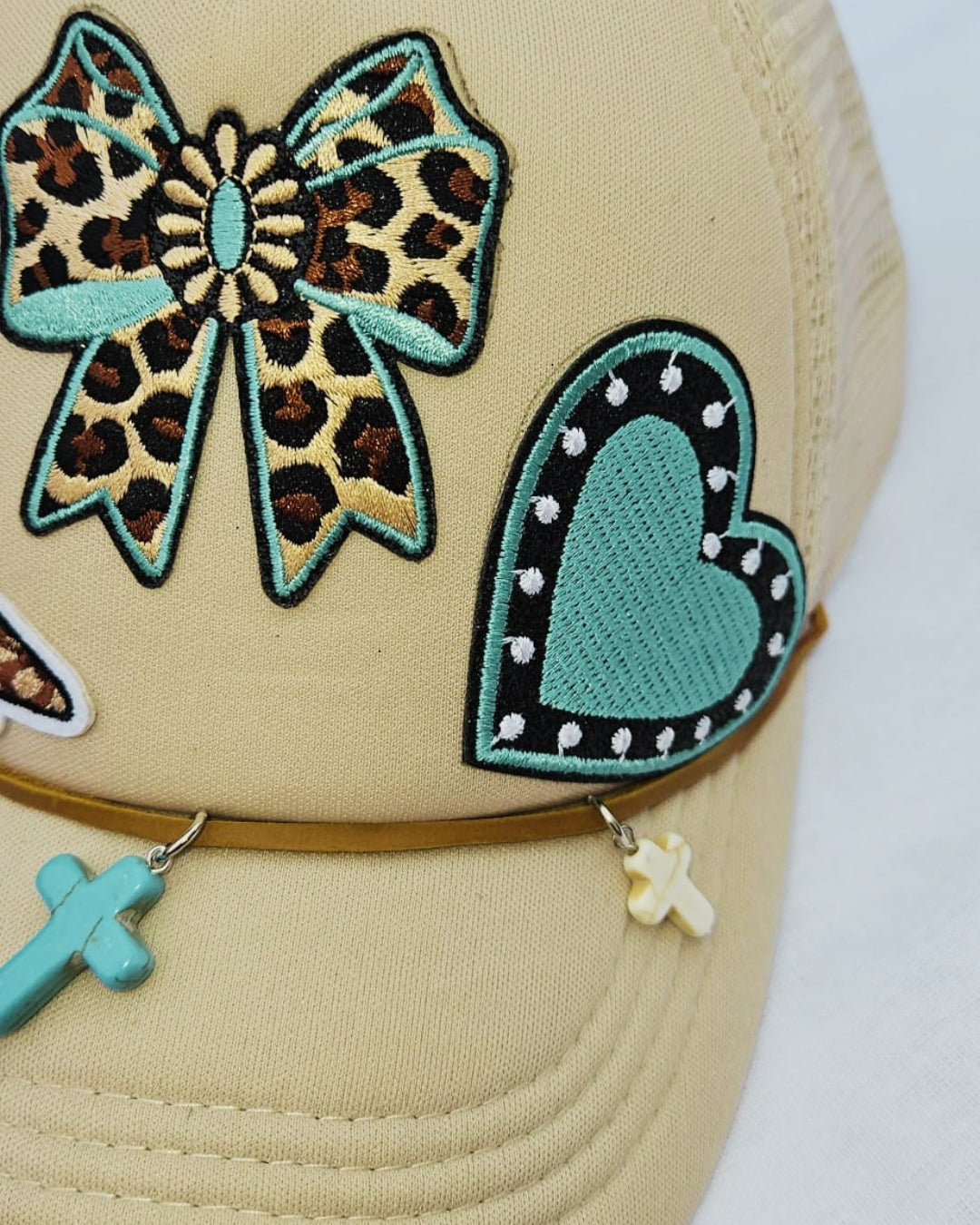 Leopard Print Turquoise Trucker Hat • Embellished Western Cowgirl Cap with Charms