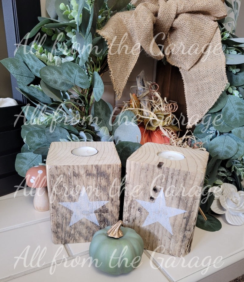 Reclaimed timber star t-light candle holders