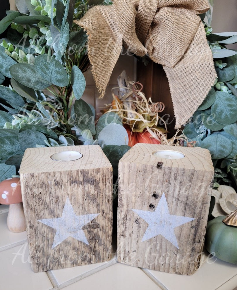 Reclaimed timber star t-light candle holders
