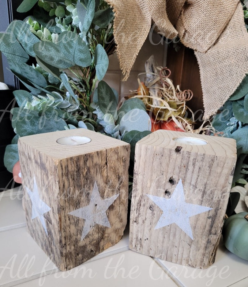 Reclaimed timber star t-light candle holders