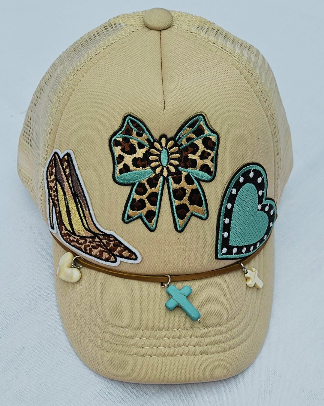 Leopard Print Turquoise Trucker Hat • Embellished Western Cowgirl Cap with Charms