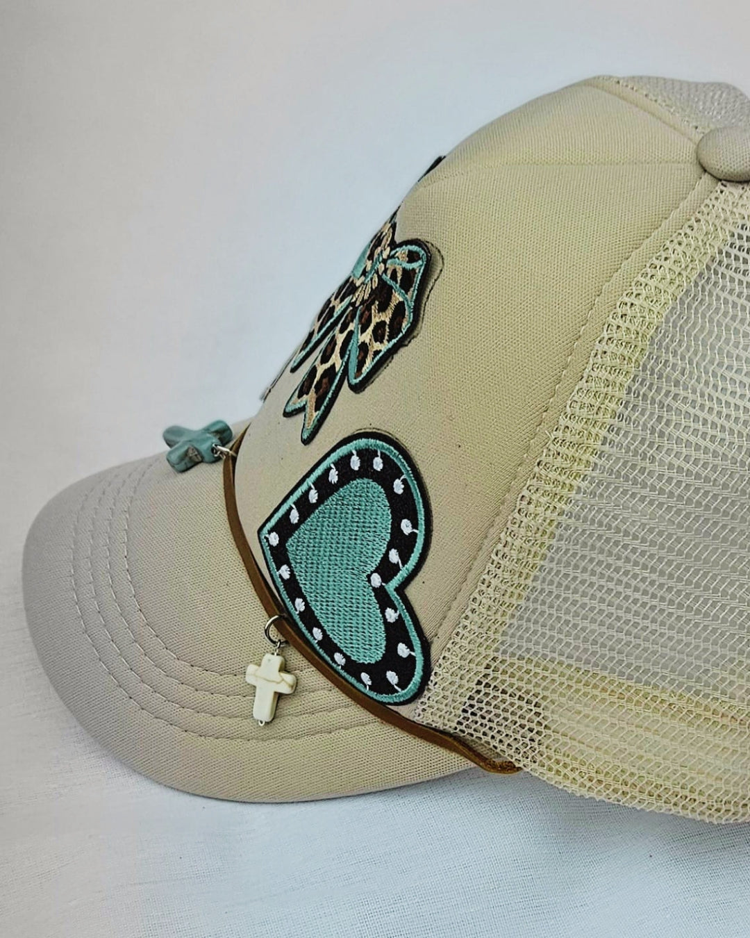 Leopard Print Turquoise Trucker Hat • Embellished Western Cowgirl Cap with Charms