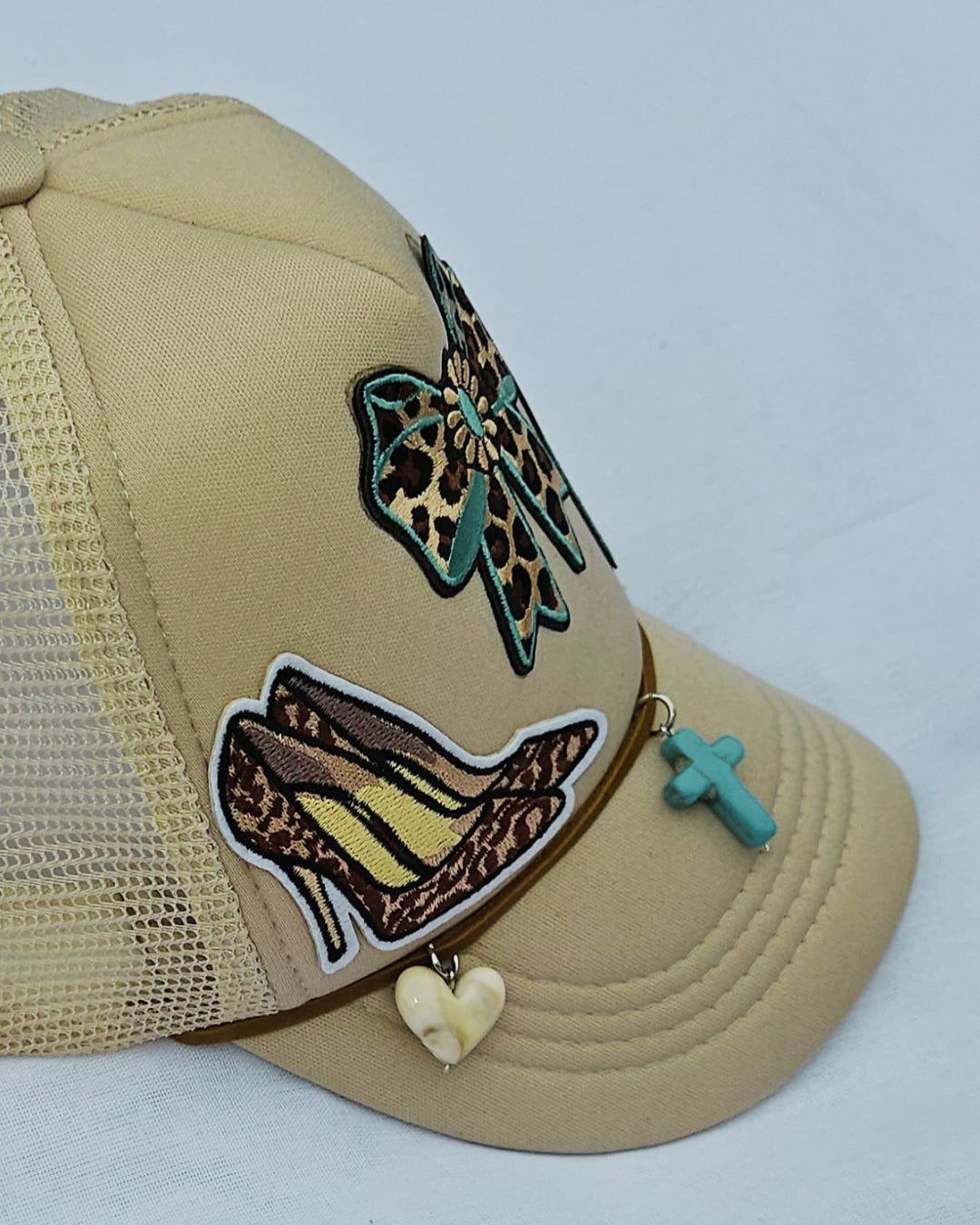 Leopard Print Turquoise Trucker Hat • Embellished Western Cowgirl Cap with Charms