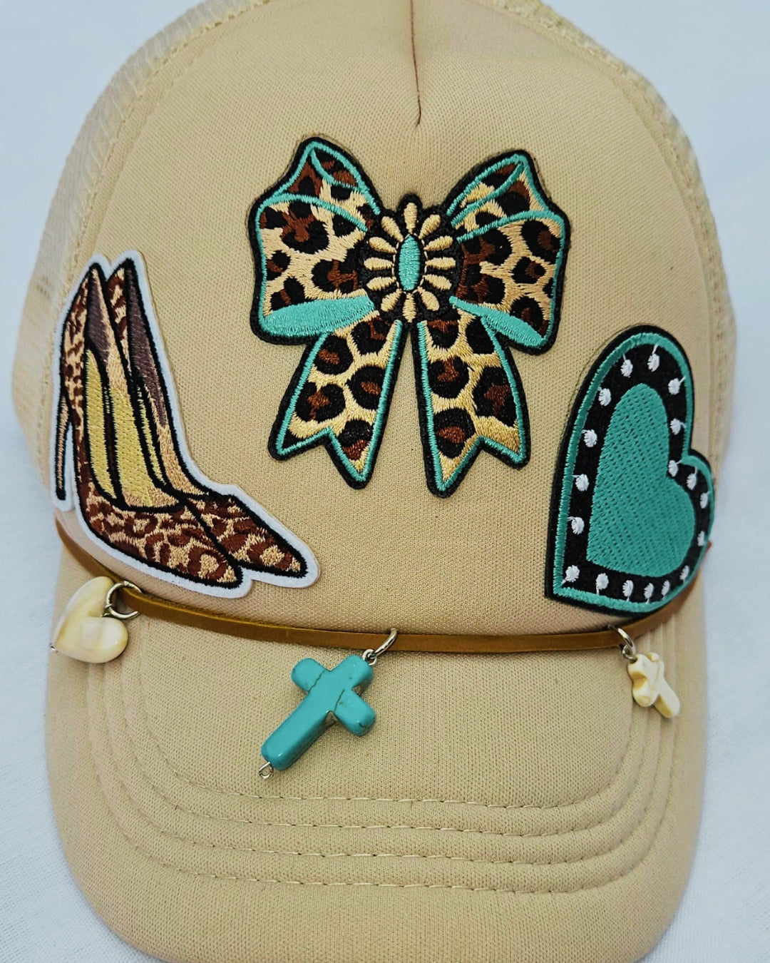 Leopard Print Turquoise Trucker Hat • Embellished Western Cowgirl Cap with Charms