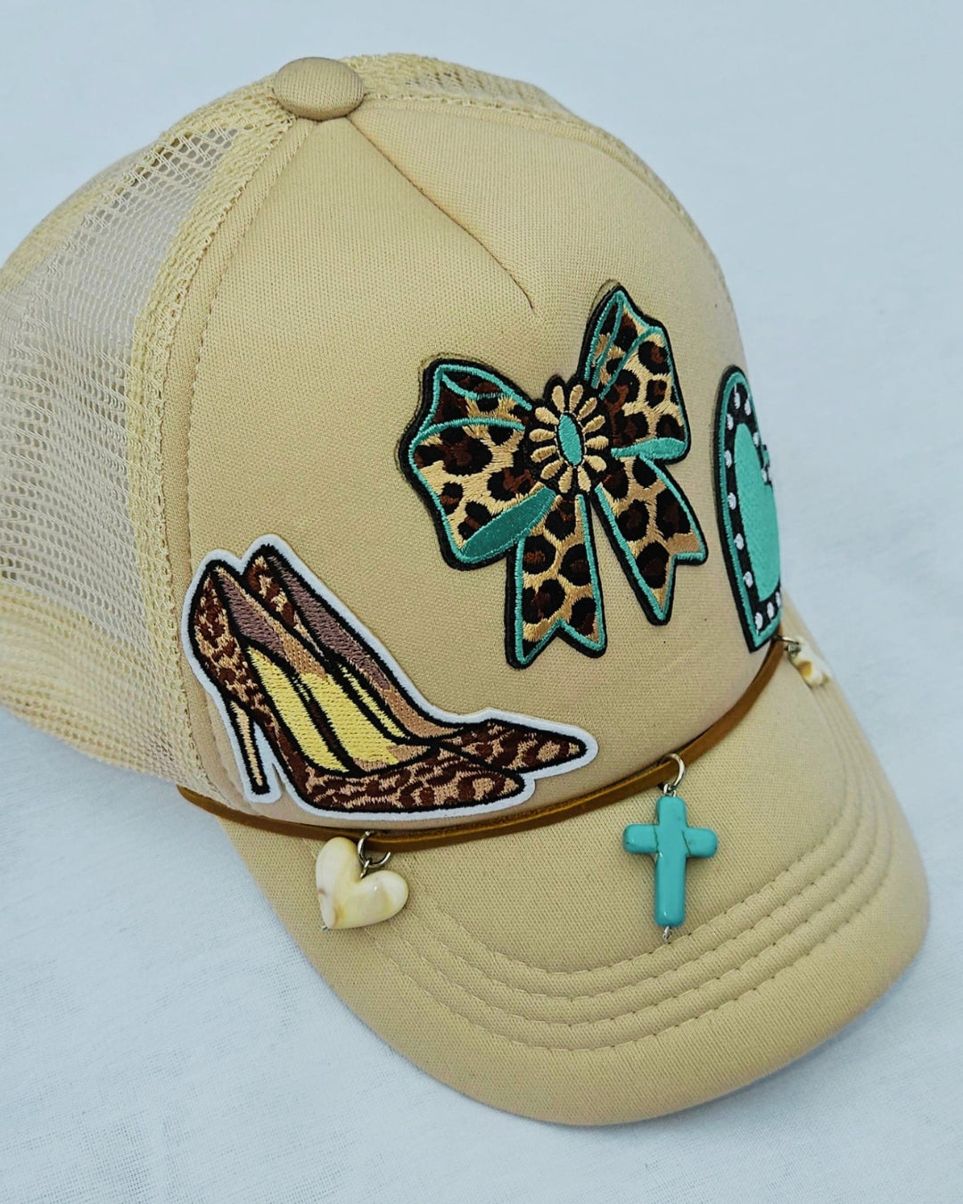 Leopard Print Turquoise Trucker Hat • Embellished Western Cowgirl Cap with Charms