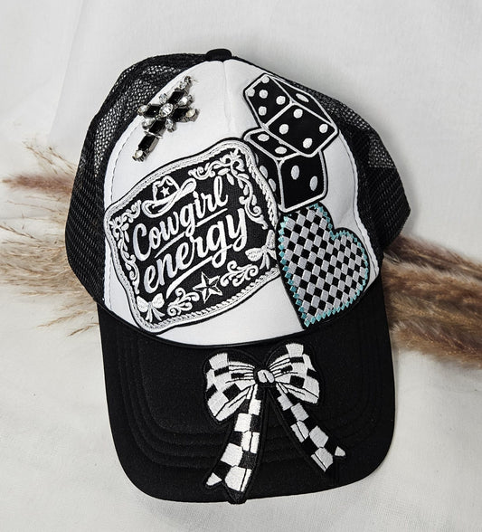 Western Boho Trucker Cap, Cowgirl Energy, Layered Patches, Dice, Bow, Cross Pin