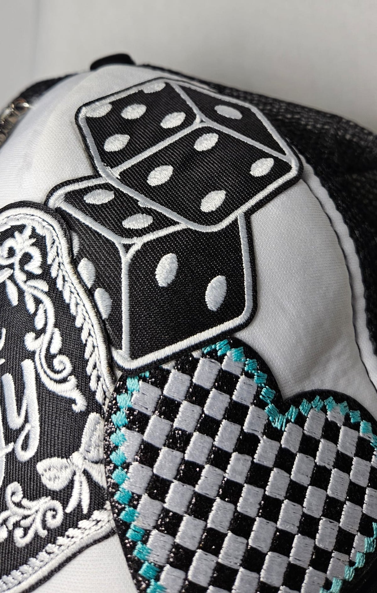 Western Boho Trucker Cap, Cowgirl Energy, Layered Patches, Dice, Bow, Cross Pin