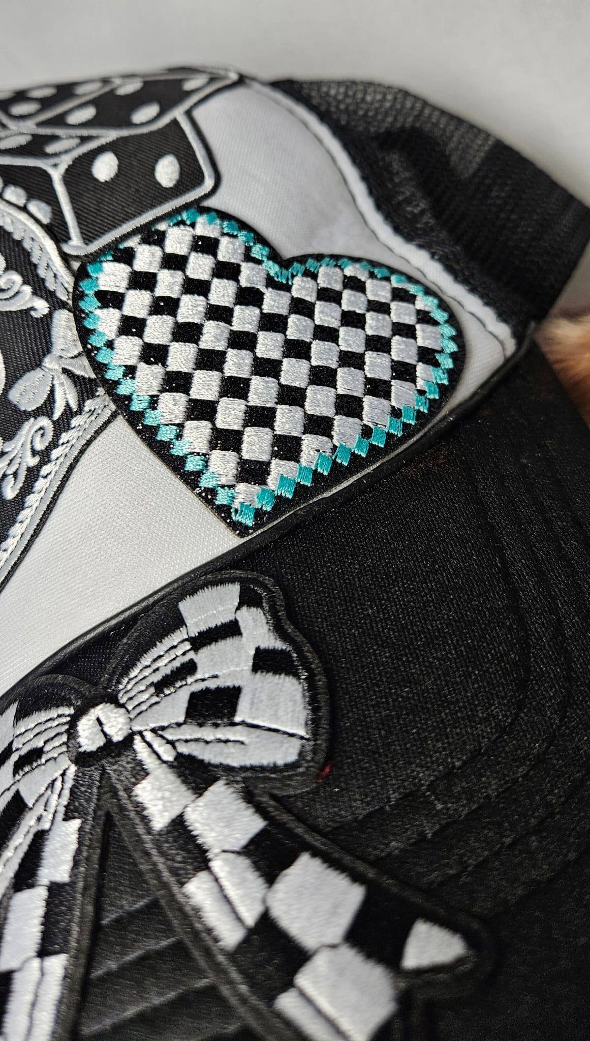 Western Boho Trucker Cap, Cowgirl Energy, Layered Patches, Dice, Bow, Cross Pin