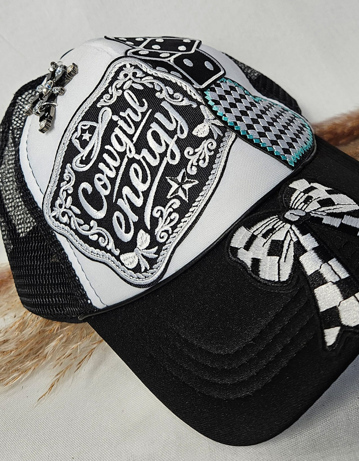 Western Boho Trucker Cap, Cowgirl Energy, Layered Patches, Dice, Bow, Cross Pin