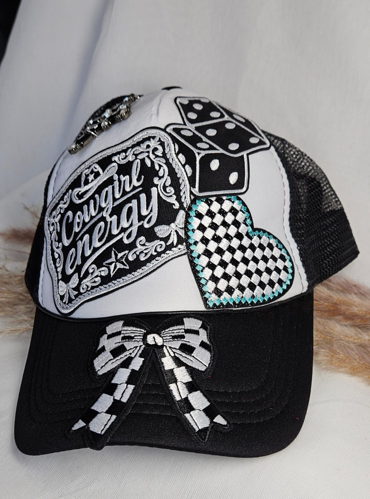Western Boho Trucker Cap, Cowgirl Energy, Layered Patches, Dice, Bow, Cross Pin