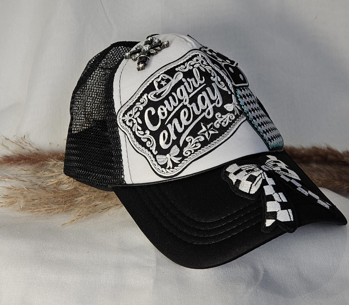 Western Boho Trucker Cap, Cowgirl Energy, Layered Patches, Dice, Bow, Cross Pin
