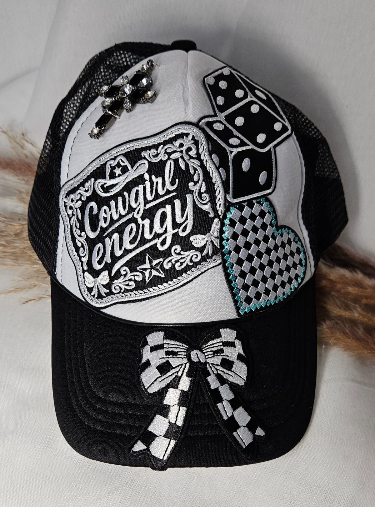 Western Boho Trucker Cap, Cowgirl Energy, Layered Patches, Dice, Bow, Cross Pin
