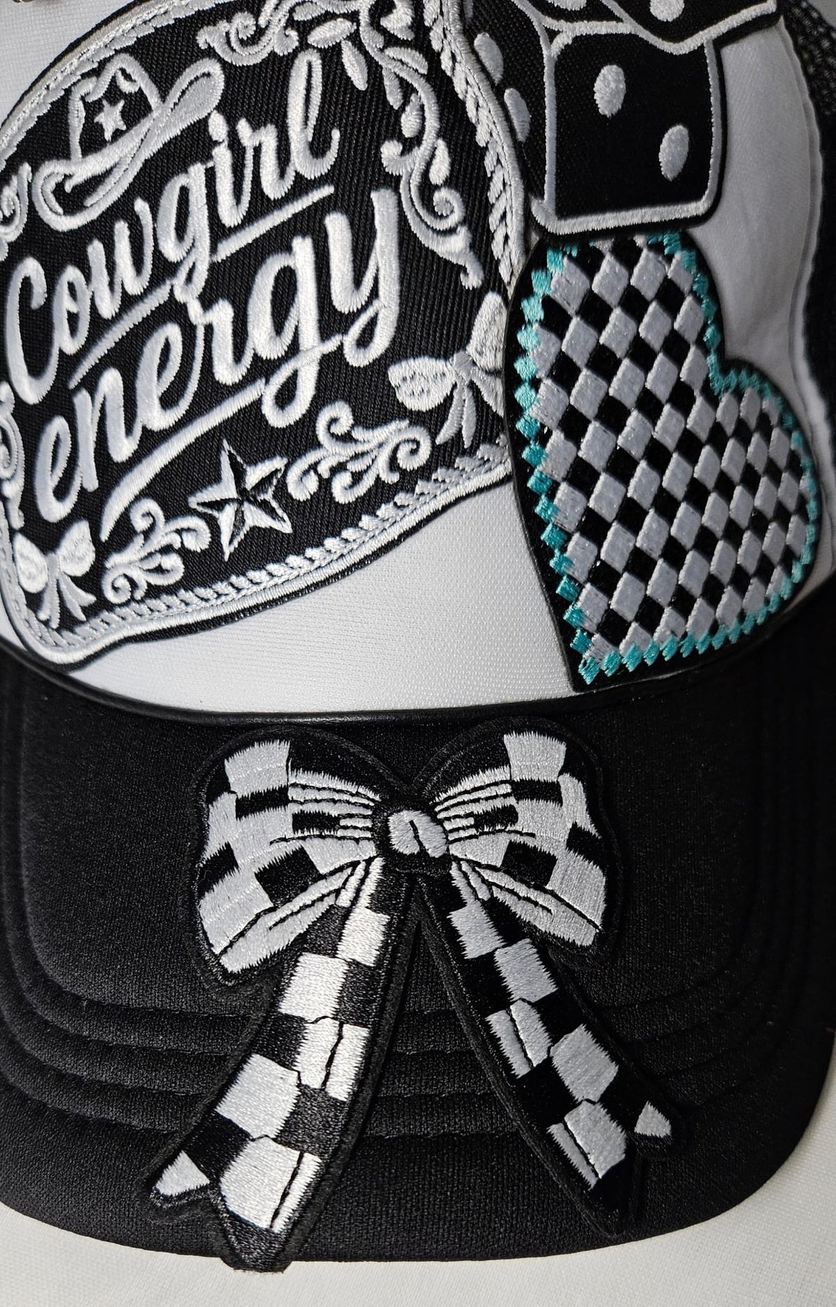 Western Boho Trucker Cap, Cowgirl Energy, Layered Patches, Dice, Bow, Cross Pin