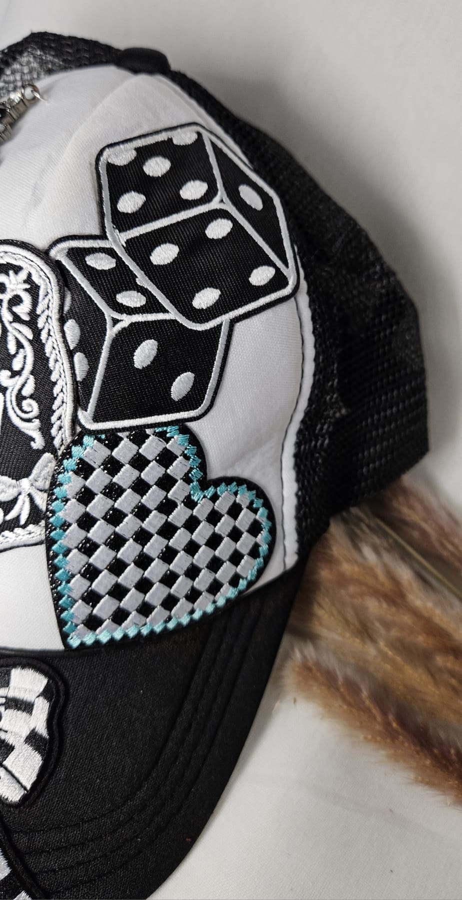 Western Boho Trucker Cap, Cowgirl Energy, Layered Patches, Dice, Bow, Cross Pin