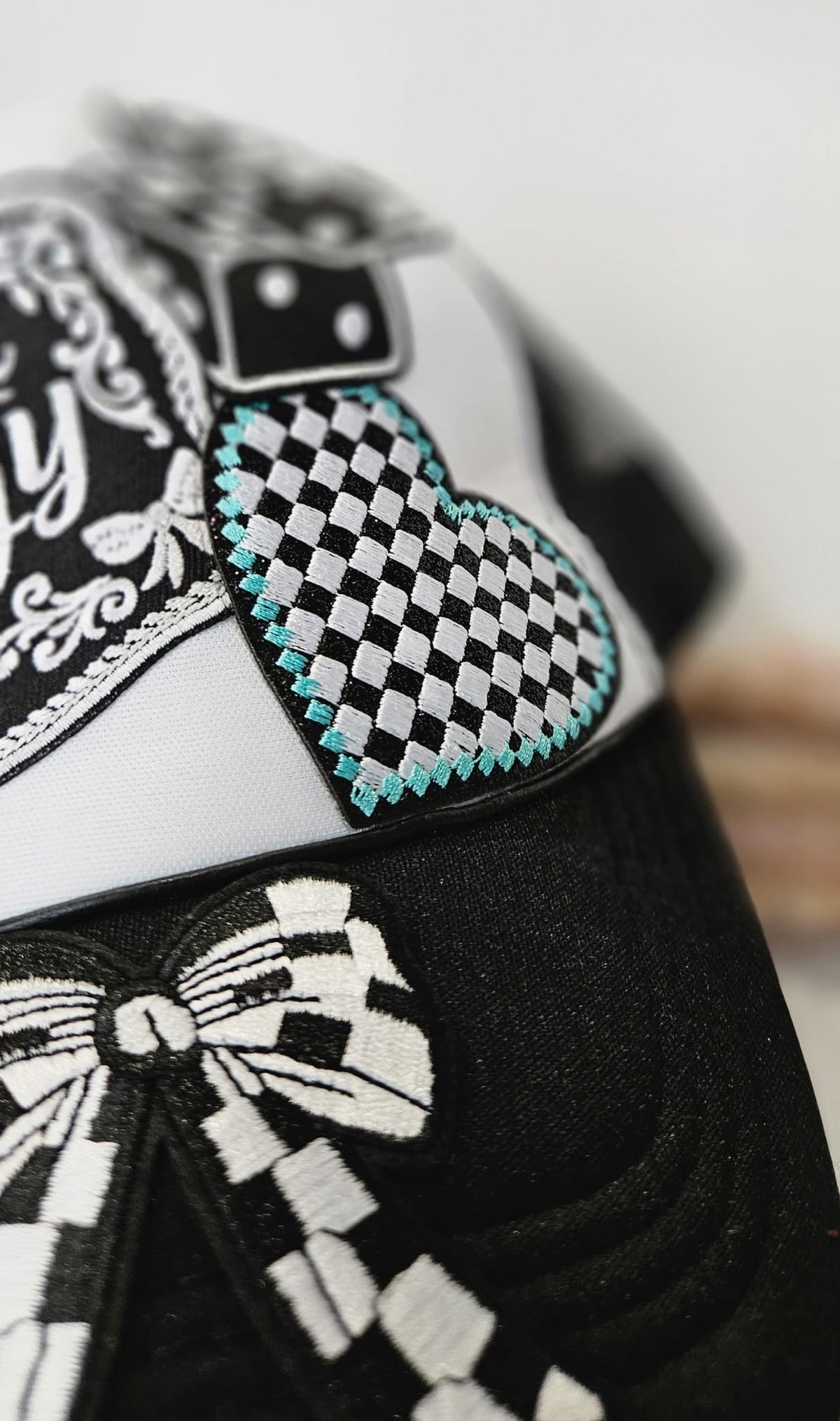 Western Boho Trucker Cap, Cowgirl Energy, Layered Patches, Dice, Bow, Cross Pin