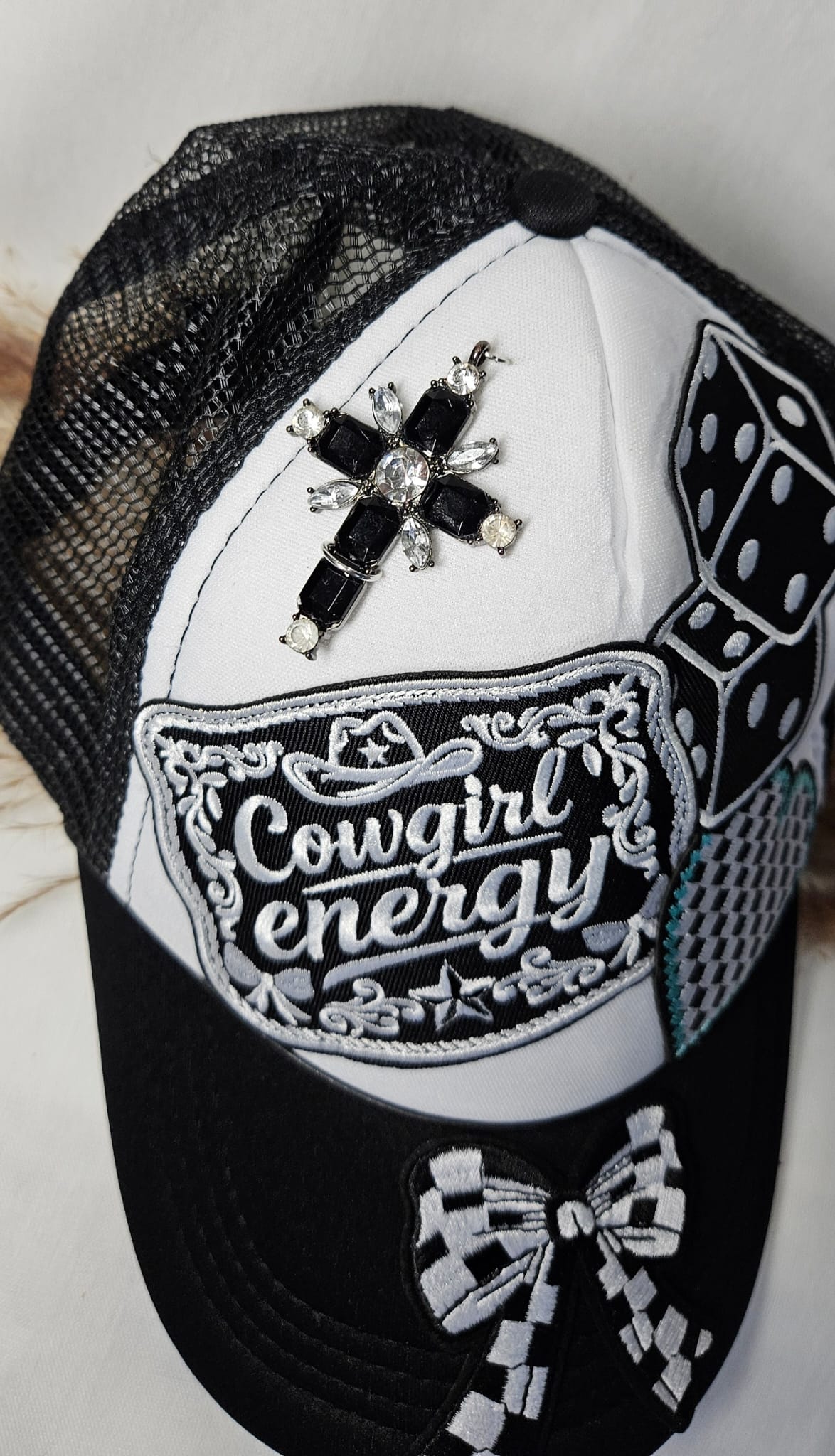 Western Boho Trucker Cap, Cowgirl Energy, Layered Patches, Dice, Bow, Cross Pin
