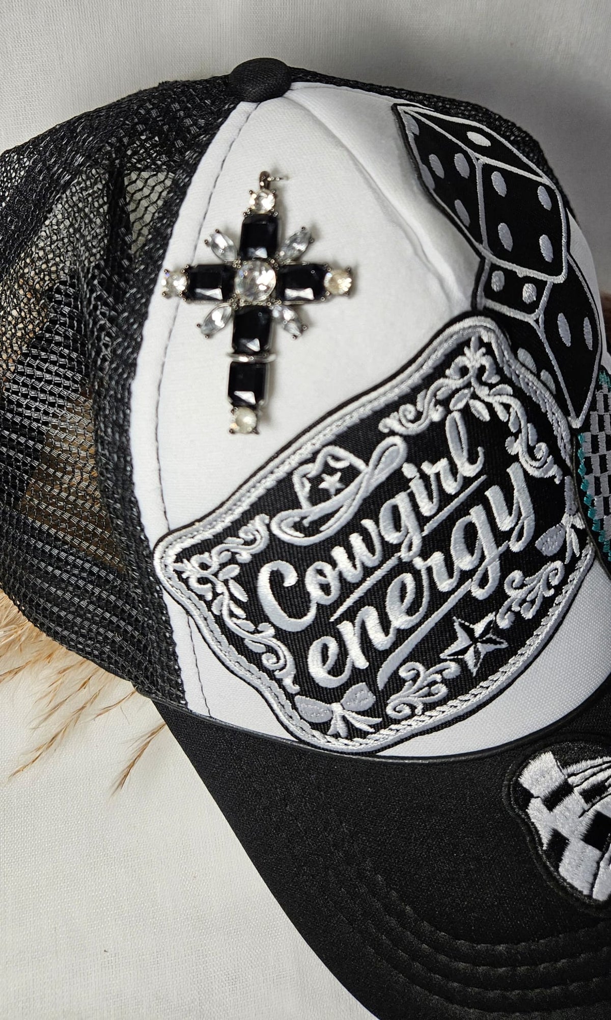Western Boho Trucker Cap, Cowgirl Energy, Layered Patches, Dice, Bow, Cross Pin
