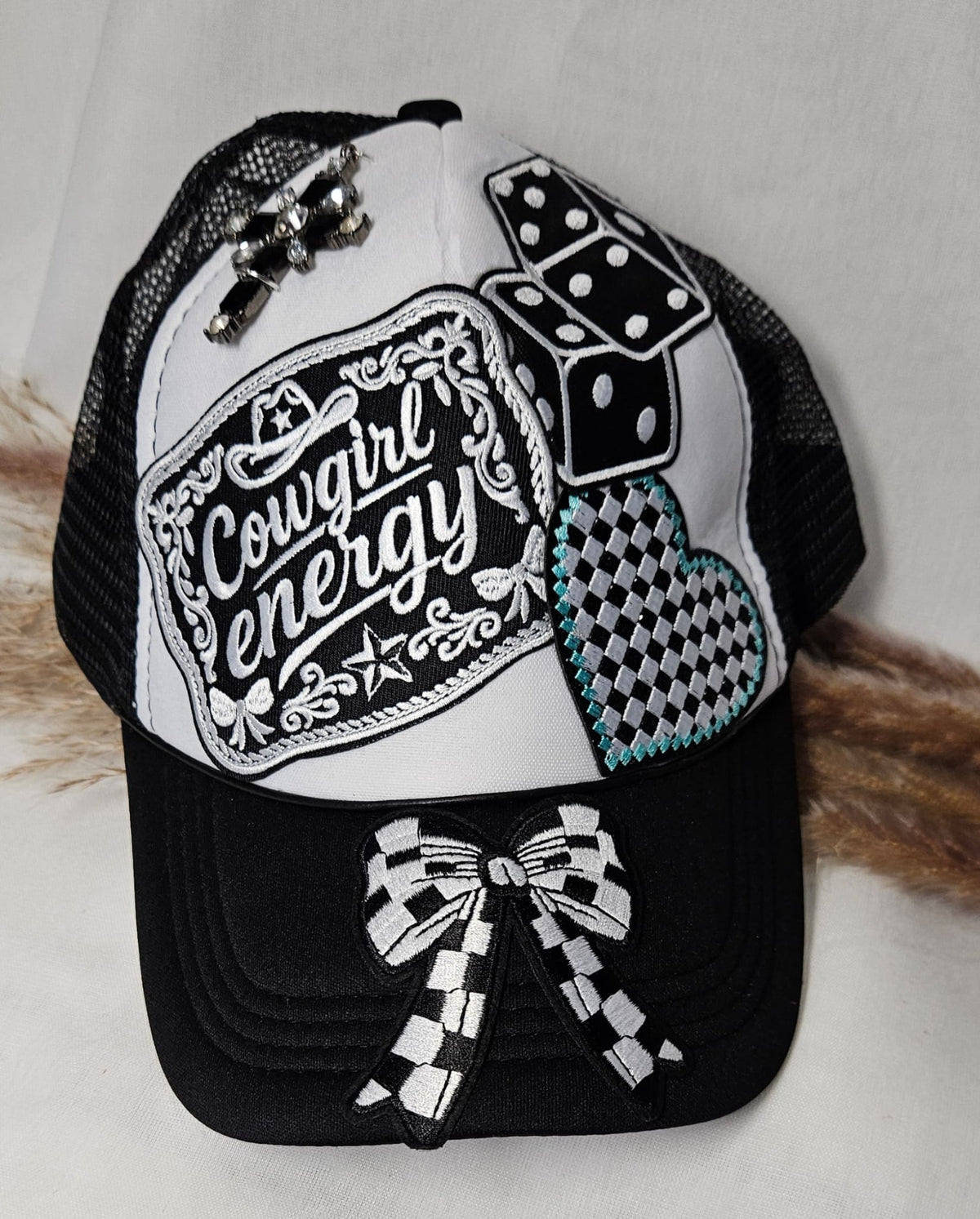 Western Boho Trucker Cap, Cowgirl Energy, Layered Patches, Dice, Bow, Cross Pin