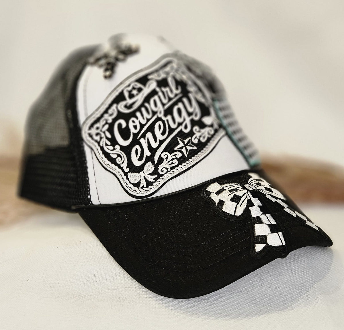 Western Boho Trucker Cap, Cowgirl Energy, Layered Patches, Dice, Bow, Cross Pin