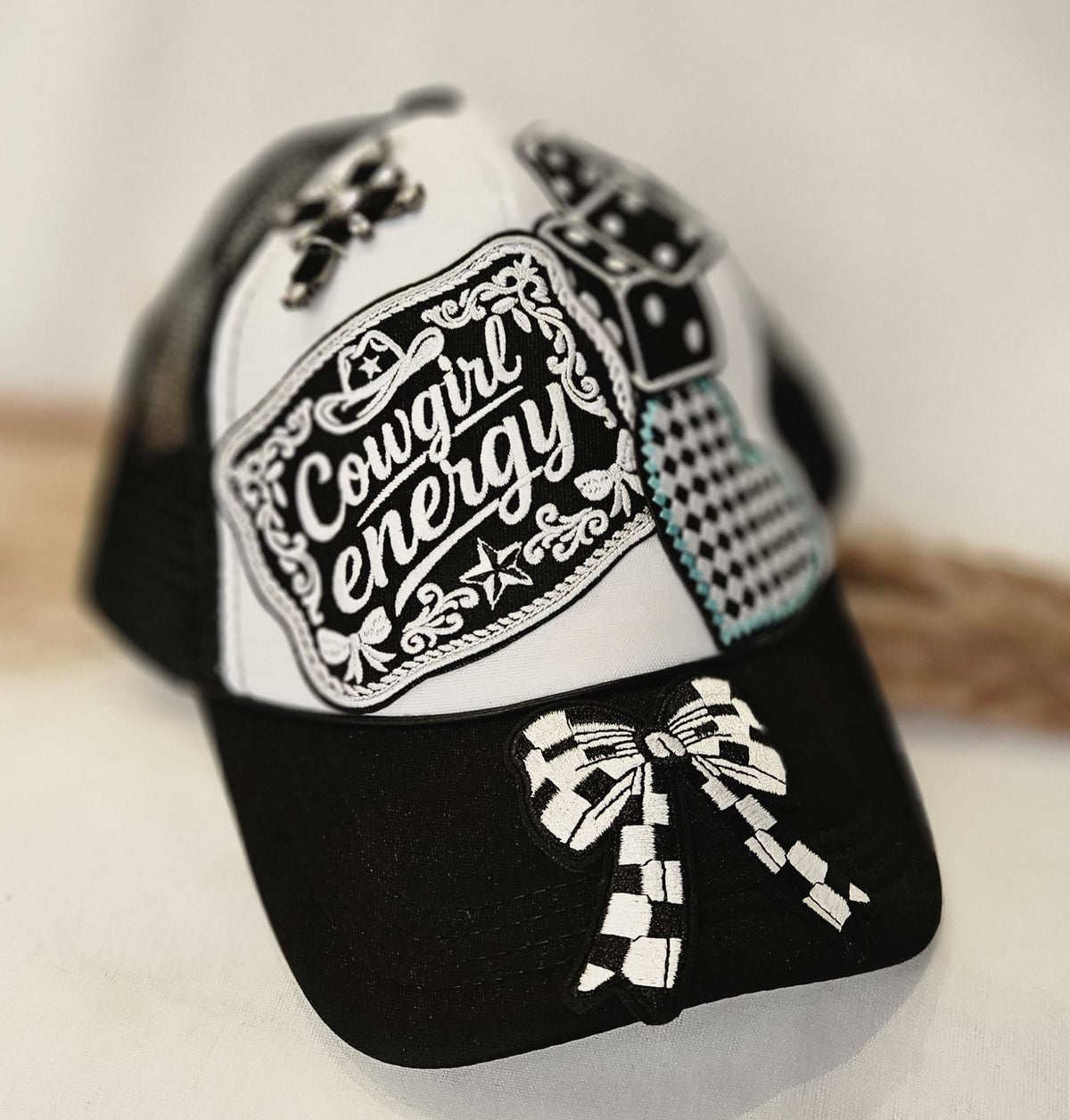 Western Boho Trucker Cap, Cowgirl Energy, Layered Patches, Dice, Bow, Cross Pin
