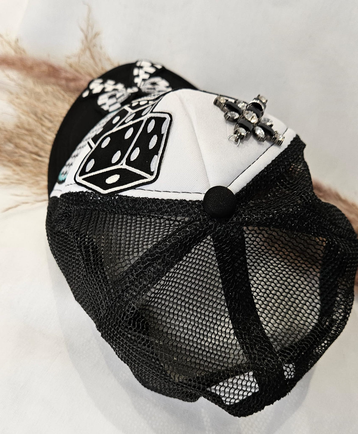 Western Boho Trucker Cap, Cowgirl Energy, Layered Patches, Dice, Bow, Cross Pin
