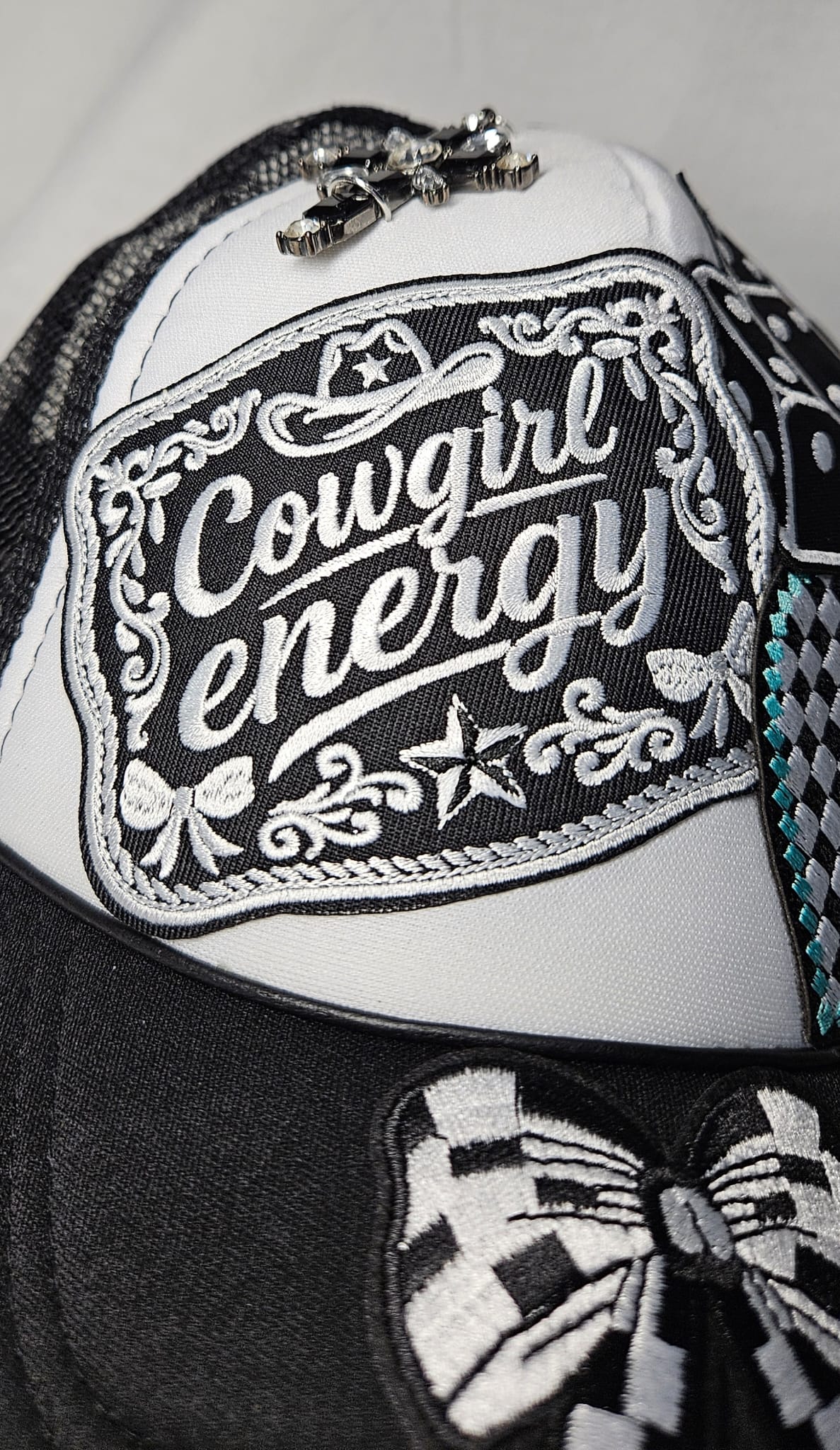 Western Boho Trucker Cap, Cowgirl Energy, Layered Patches, Dice, Bow, Cross Pin