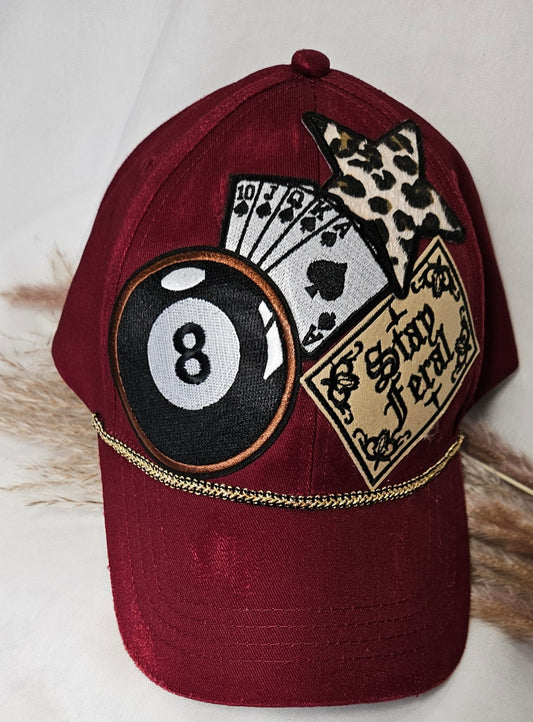 Burgundy Statement Cap, Stay Feral Patch, 8-Ball, Playing Cards, Leopard Print (Handmade)