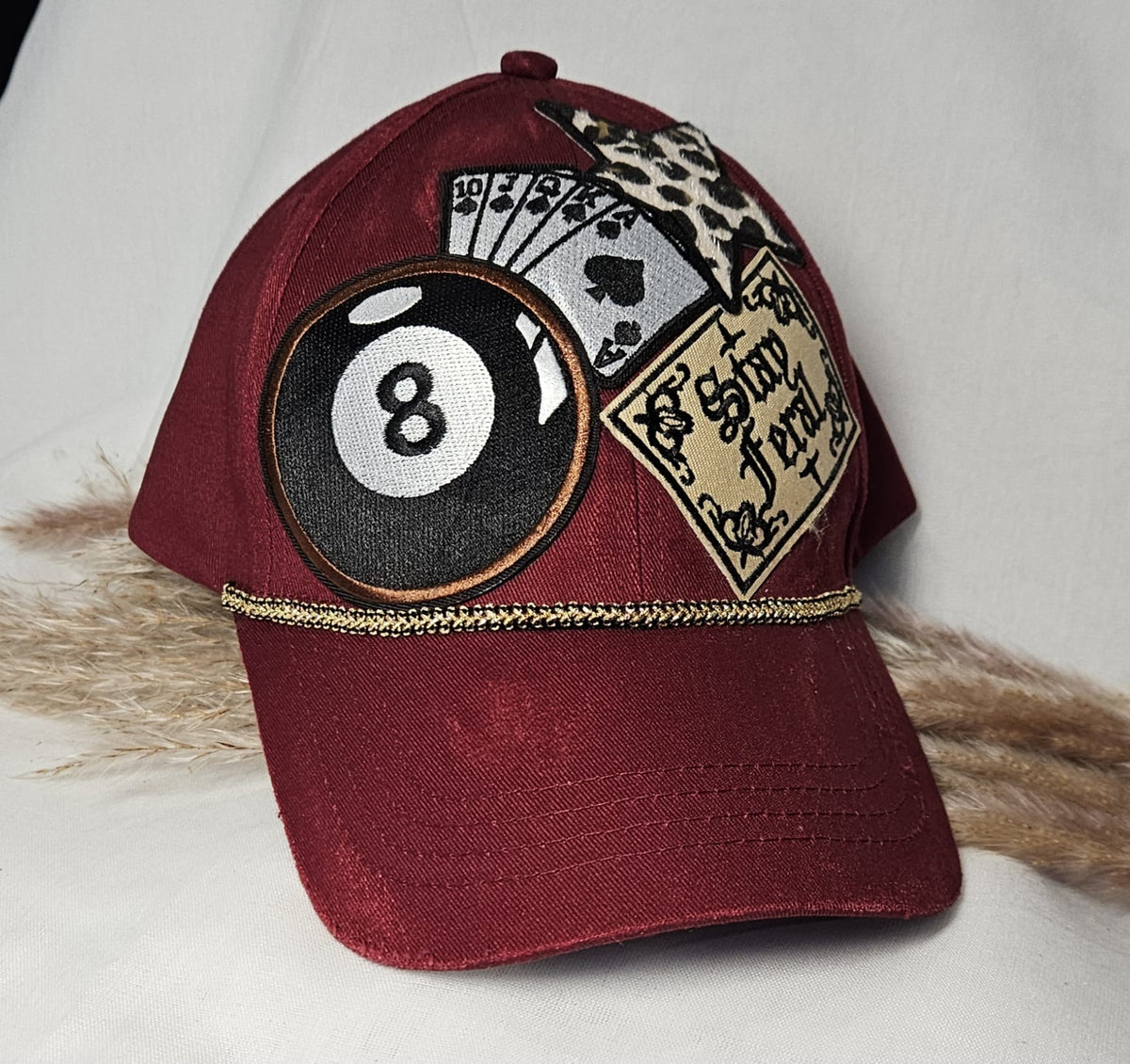 Burgundy Statement Cap, Stay Feral Patch, 8-Ball, Playing Cards, Leopard Print (Handmade)