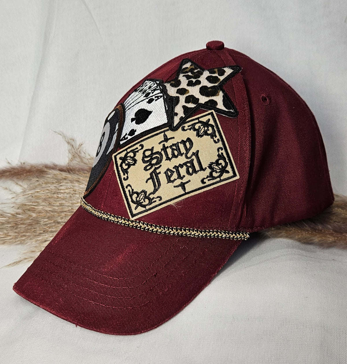 Burgundy Statement Cap, Stay Feral Patch, 8-Ball, Playing Cards, Leopard Print (Handmade)