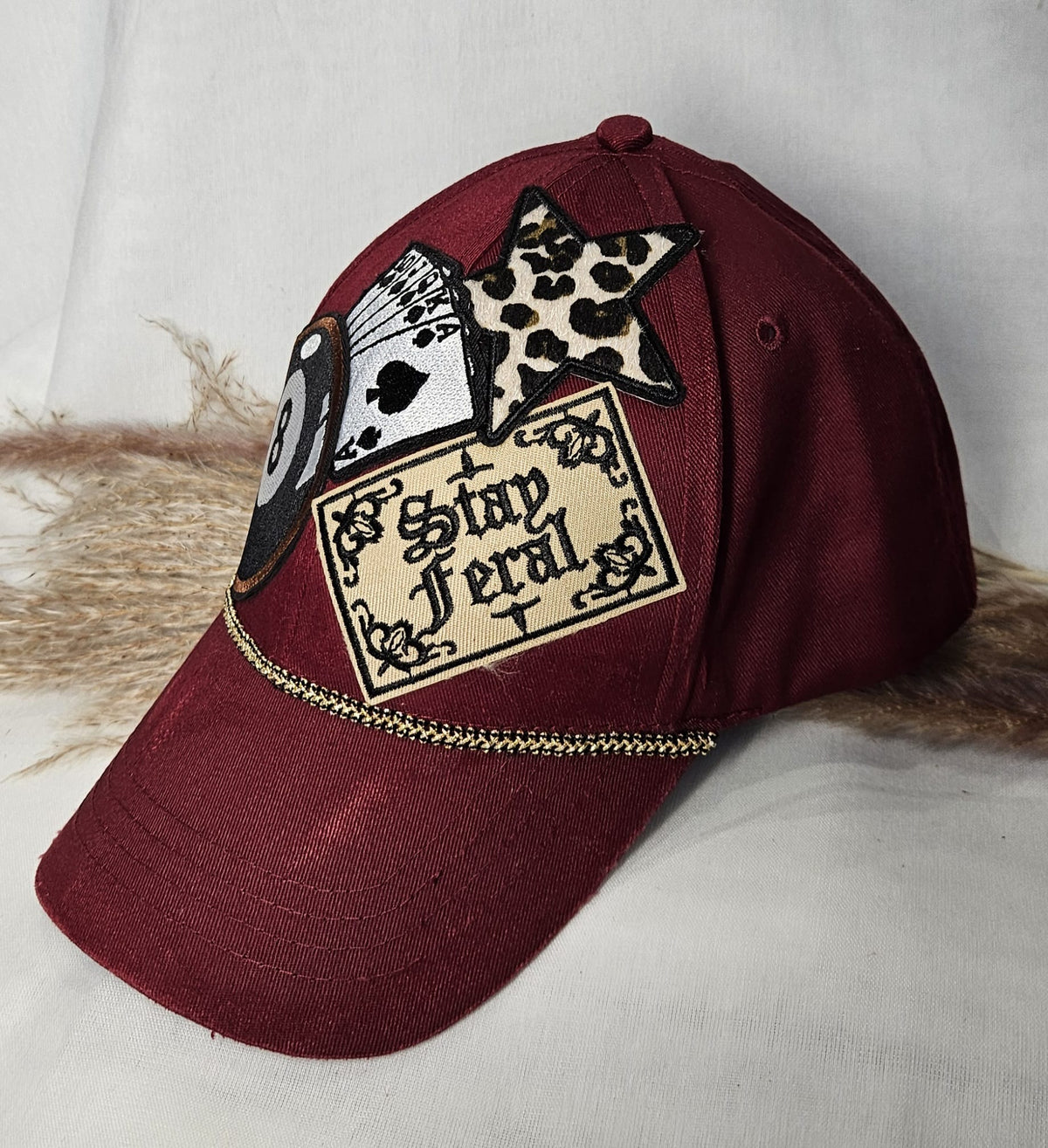 Burgundy Statement Cap, Stay Feral Patch, 8-Ball, Playing Cards, Leopard Print (Handmade)