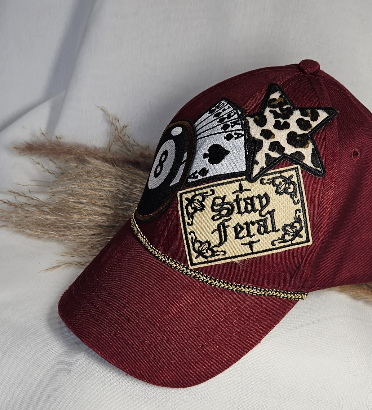 Burgundy Statement Cap, Stay Feral Patch, 8-Ball, Playing Cards, Leopard Print (Handmade)