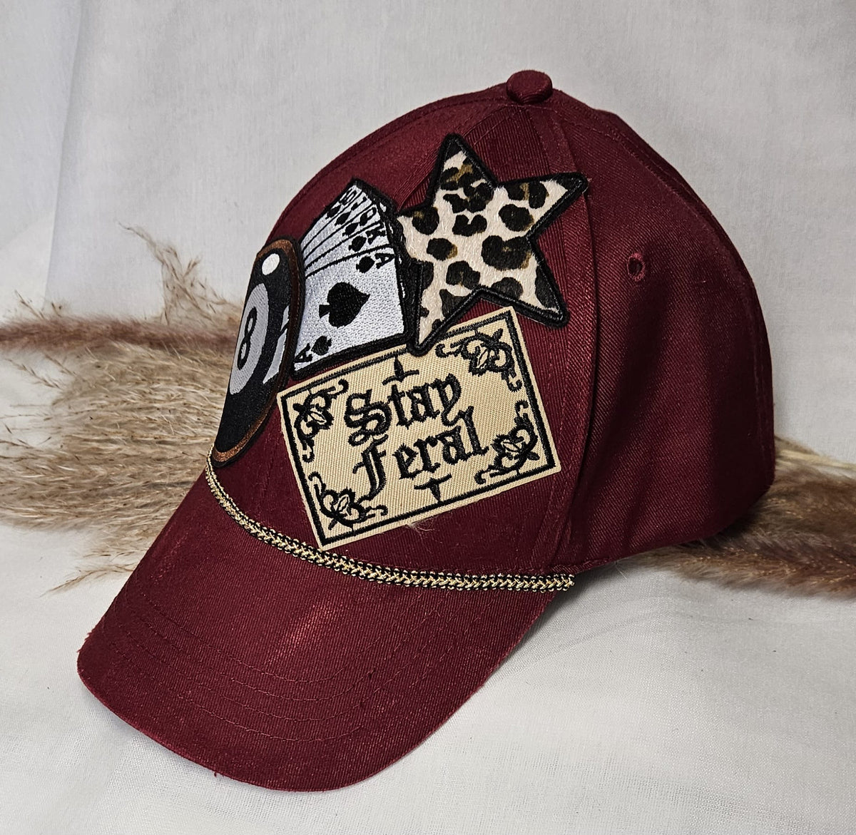 Burgundy Statement Cap, Stay Feral Patch, 8-Ball, Playing Cards, Leopard Print (Handmade)