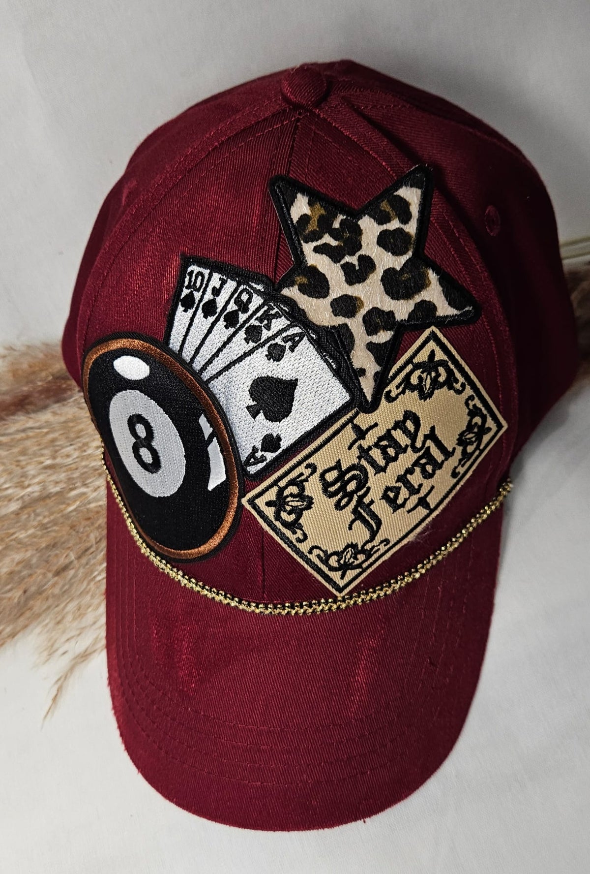 Burgundy Statement Cap, Stay Feral Patch, 8-Ball, Playing Cards, Leopard Print (Handmade)