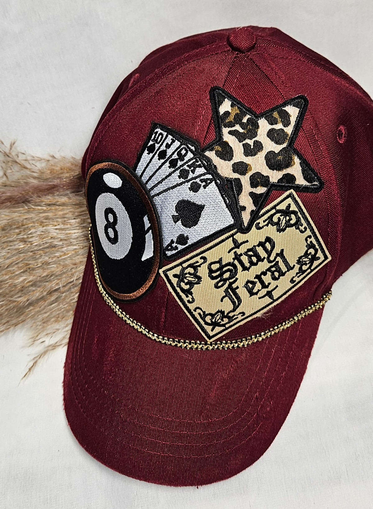 Burgundy Statement Cap, Stay Feral Patch, 8-Ball, Playing Cards, Leopard Print (Handmade)