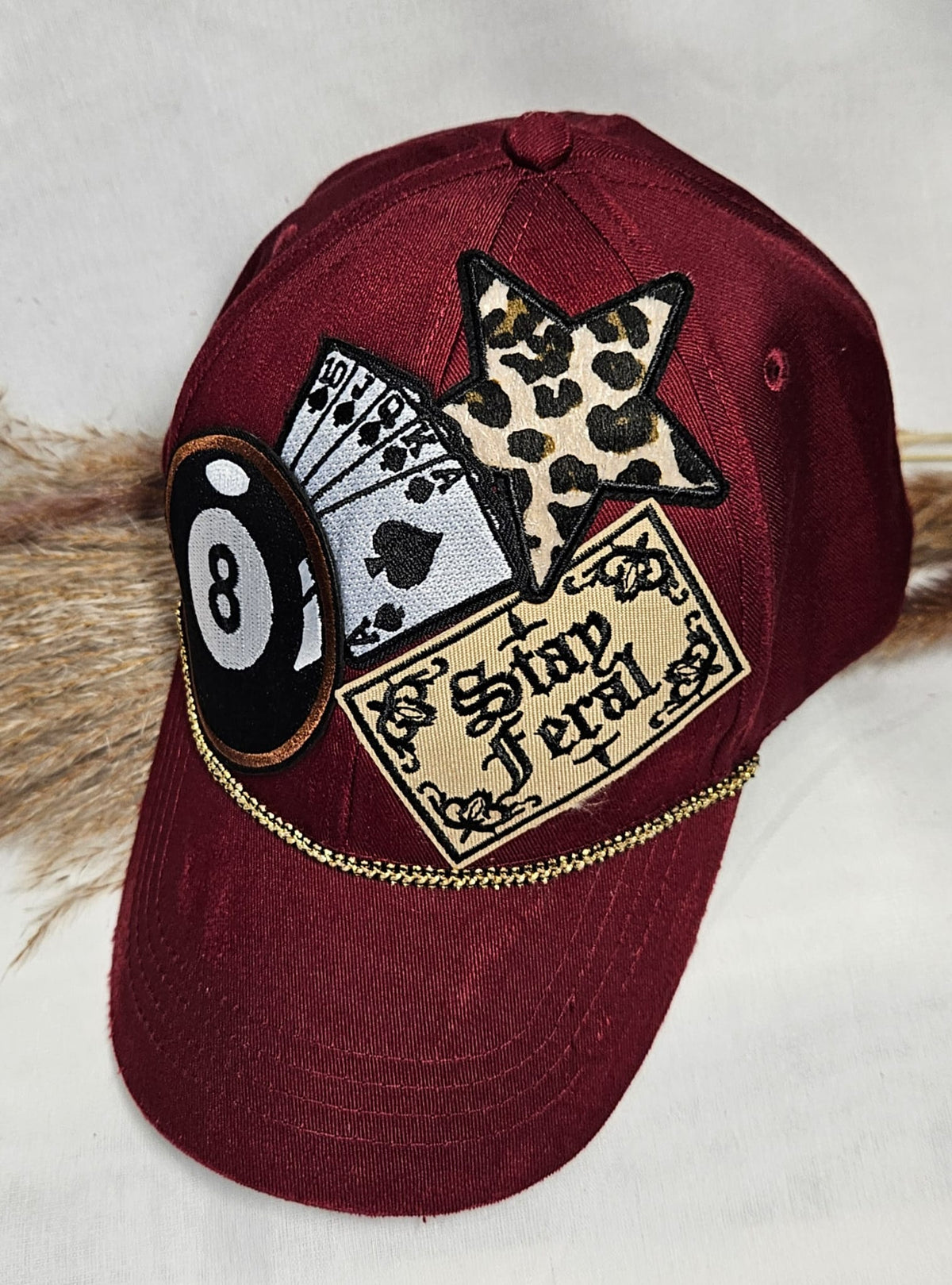 Burgundy Statement Cap, Stay Feral Patch, 8-Ball, Playing Cards, Leopard Print (Handmade)