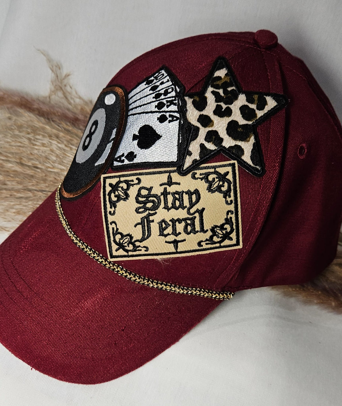 Burgundy Statement Cap, Stay Feral Patch, 8-Ball, Playing Cards, Leopard Print (Handmade)