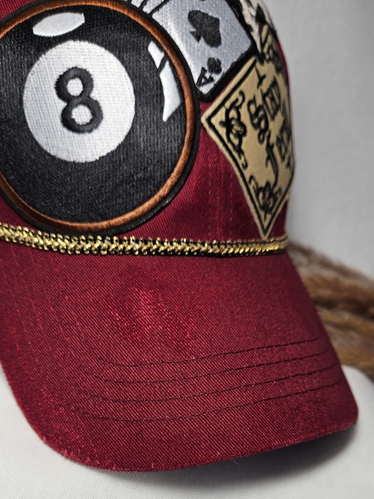 Burgundy Statement Cap, Stay Feral Patch, 8-Ball, Playing Cards, Leopard Print (Handmade)