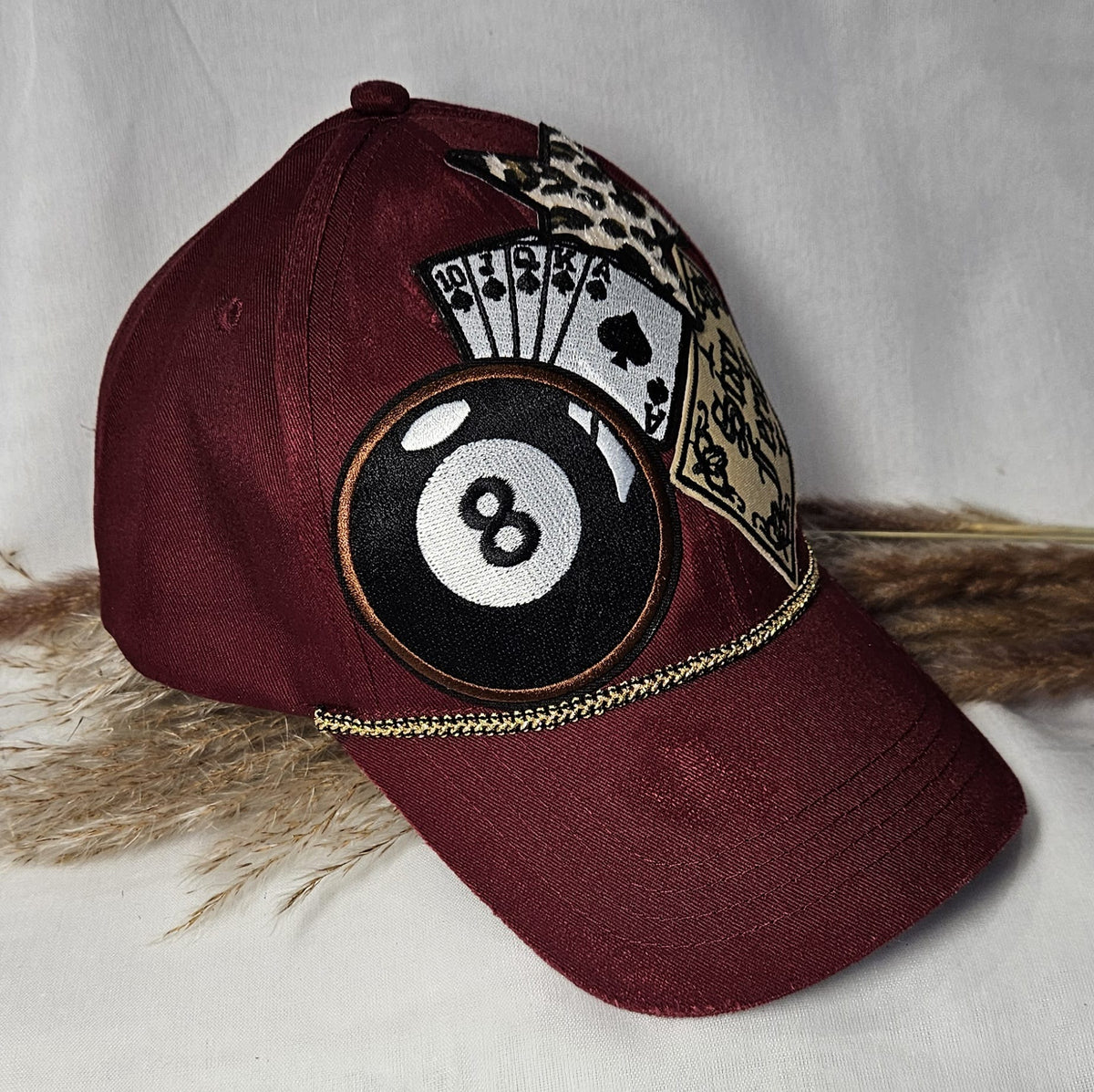 Burgundy Statement Cap, Stay Feral Patch, 8-Ball, Playing Cards, Leopard Print (Handmade)