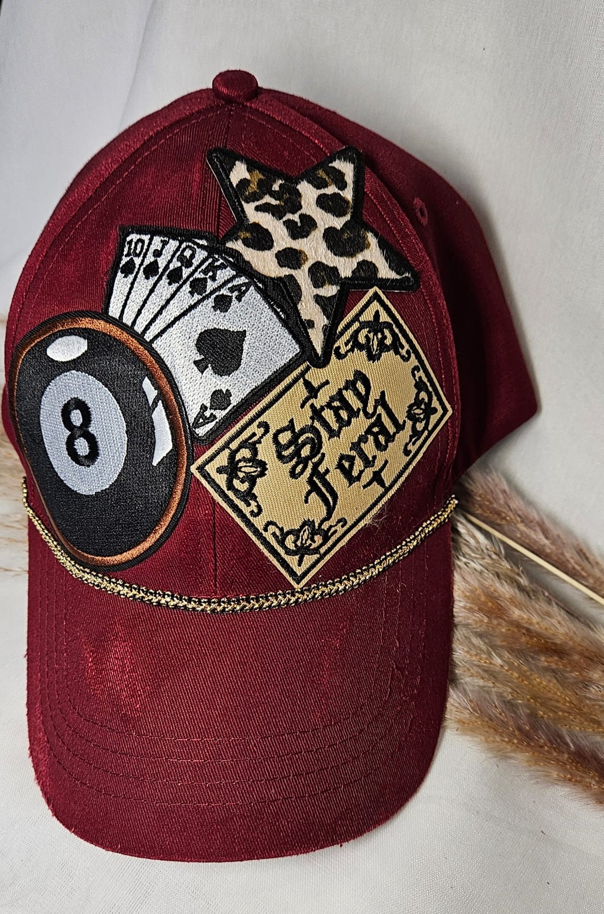 Burgundy Statement Cap, Stay Feral Patch, 8-Ball, Playing Cards, Leopard Print (Handmade)