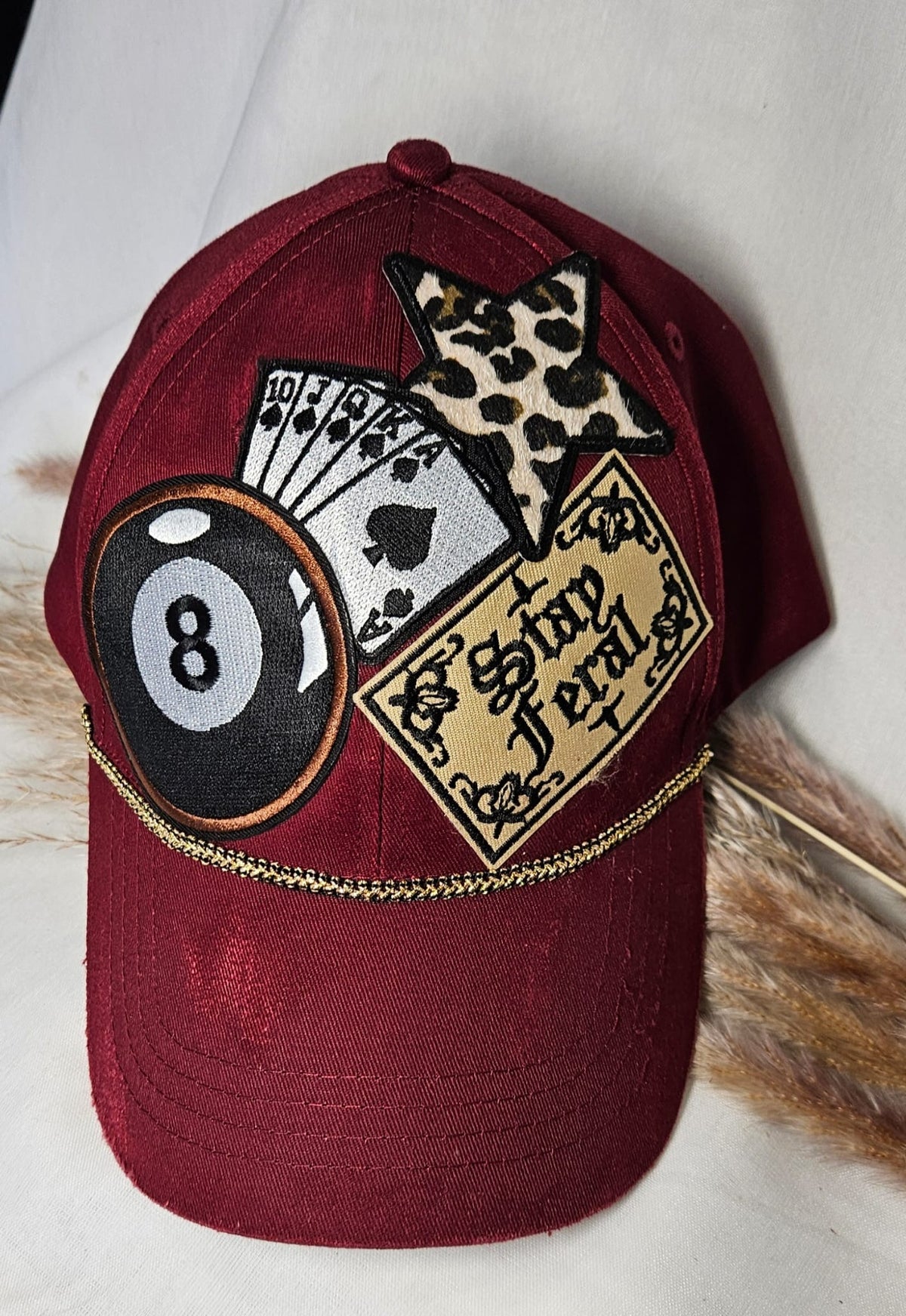 Burgundy Statement Cap, Stay Feral Patch, 8-Ball, Playing Cards, Leopard Print (Handmade)