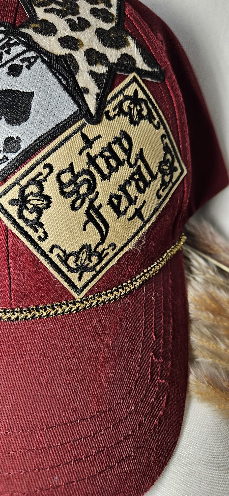 Burgundy Statement Cap, Stay Feral Patch, 8-Ball, Playing Cards, Leopard Print (Handmade)
