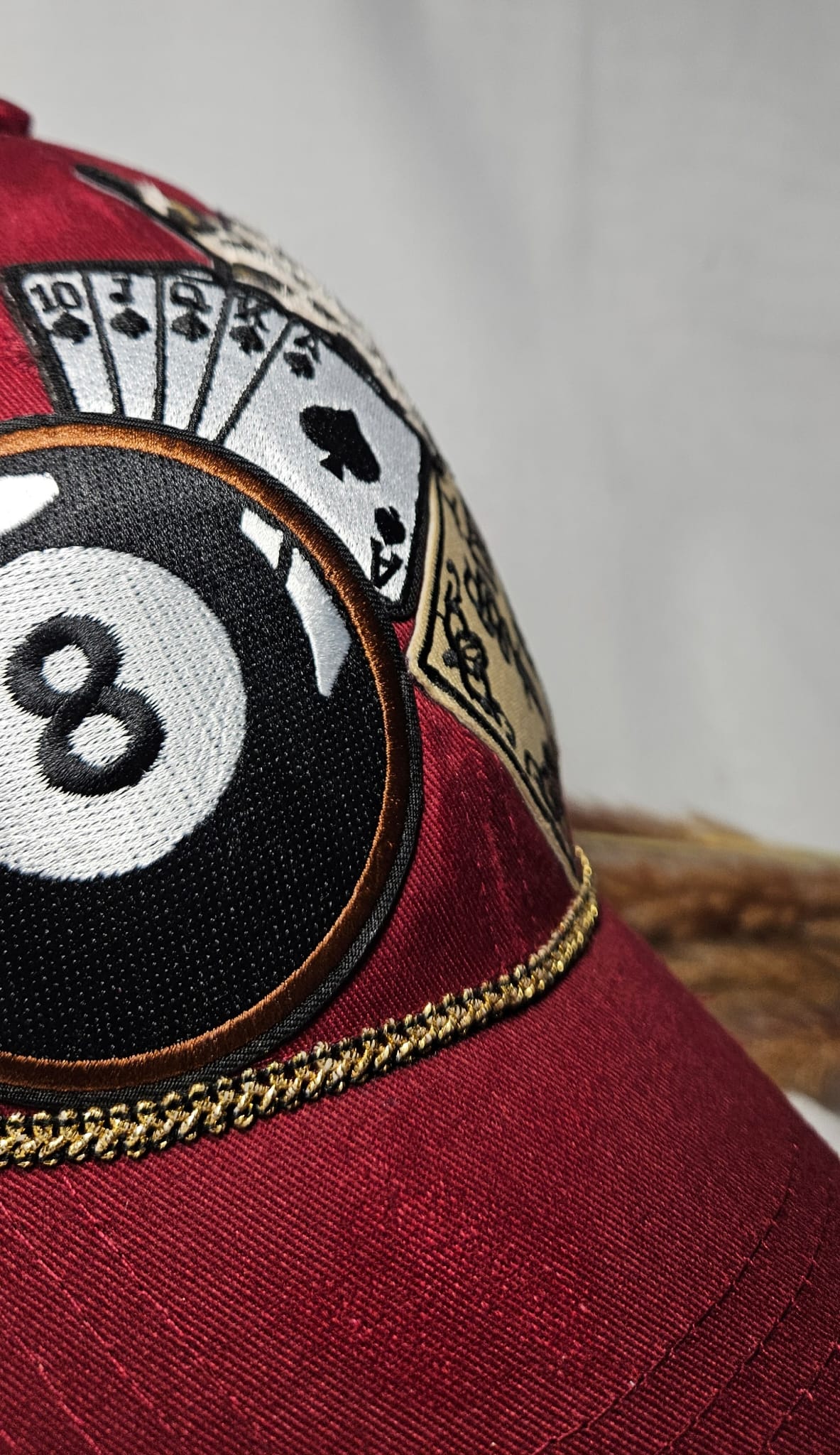 Burgundy Statement Cap, Stay Feral Patch, 8-Ball, Playing Cards, Leopard Print (Handmade)