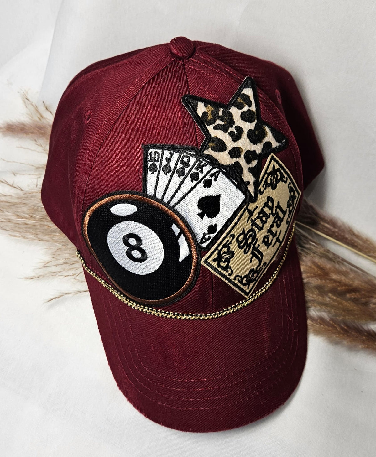 Burgundy Statement Cap, Stay Feral Patch, 8-Ball, Playing Cards, Leopard Print (Handmade)