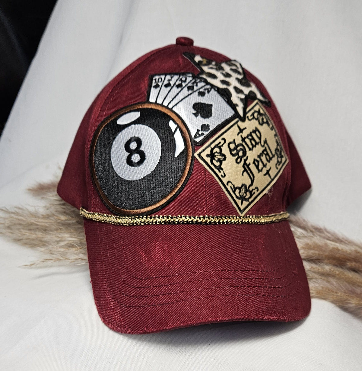 Burgundy Statement Cap, Stay Feral Patch, 8-Ball, Playing Cards, Leopard Print (Handmade)