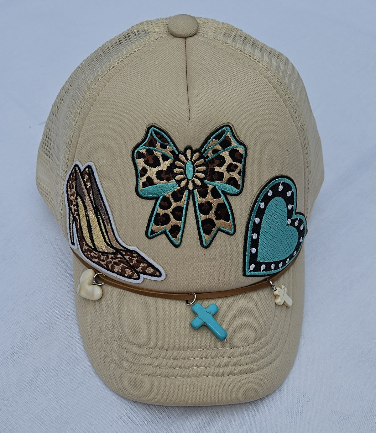 Leopard Print Turquoise Trucker Hat • Embellished Western Cowgirl Cap with Charms