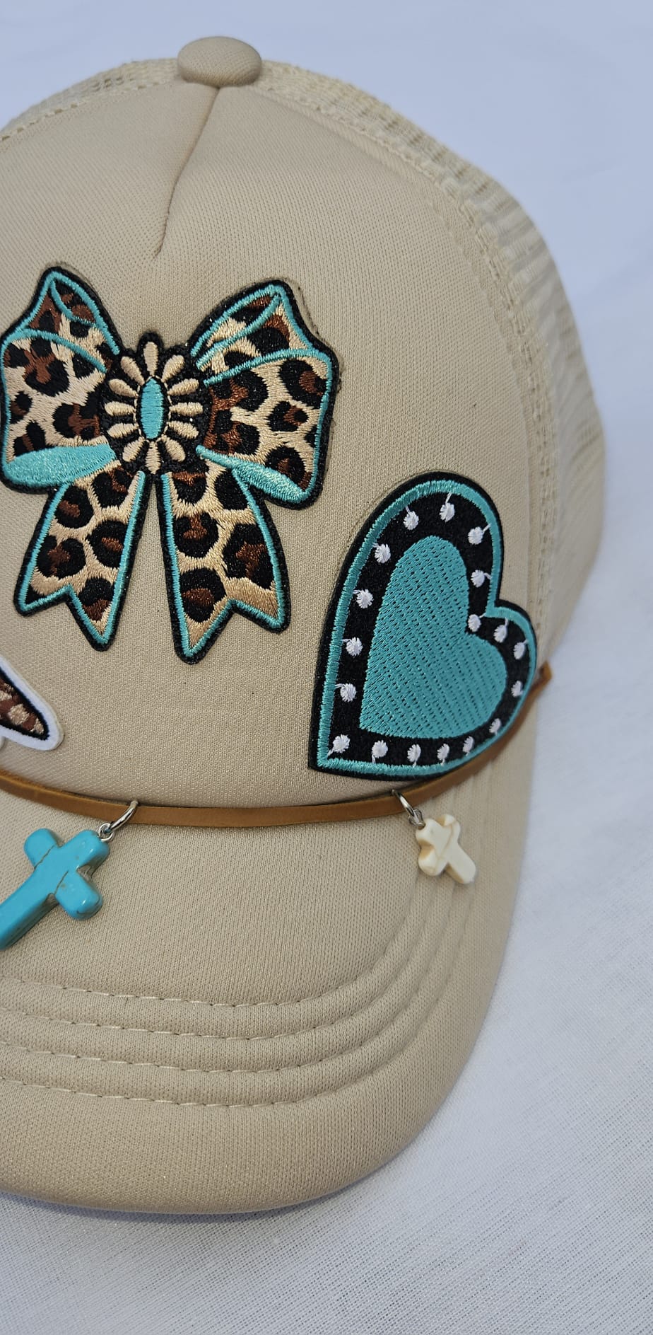 Leopard Print Turquoise Trucker Hat • Embellished Western Cowgirl Cap with Charms
