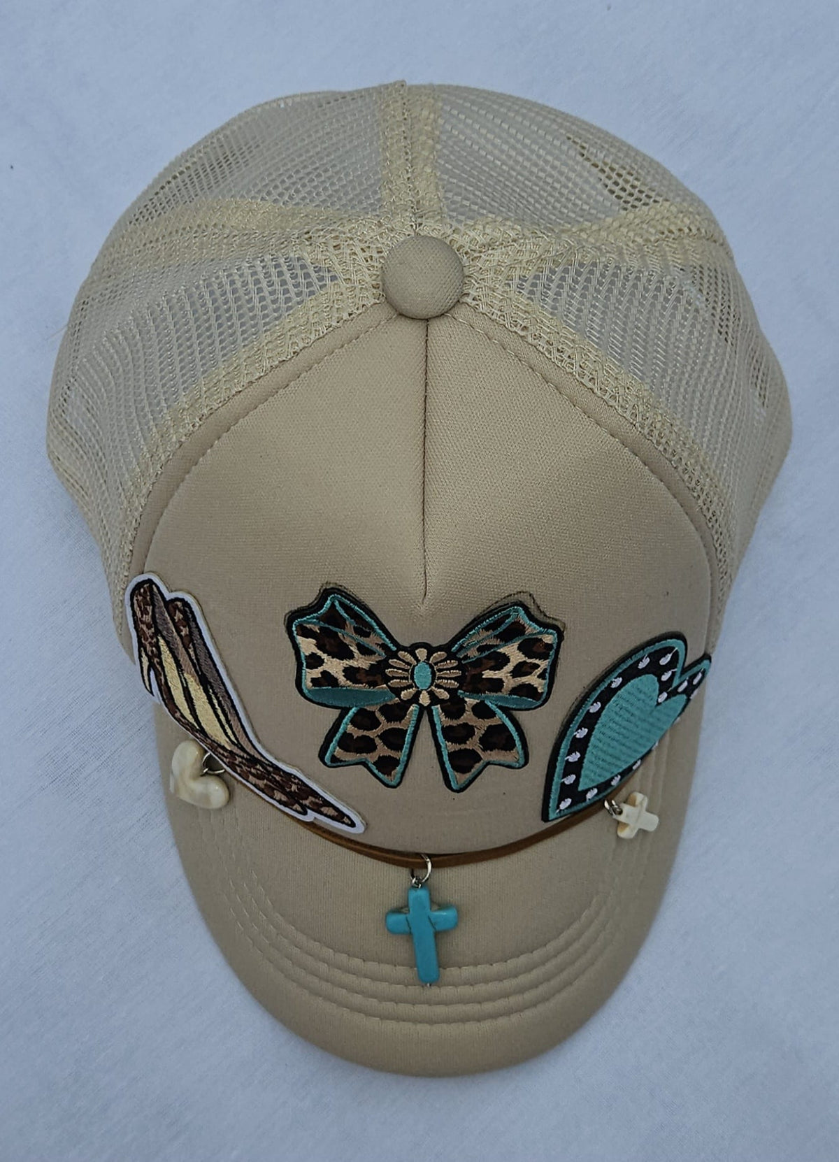 Leopard Print Turquoise Trucker Hat • Embellished Western Cowgirl Cap with Charms