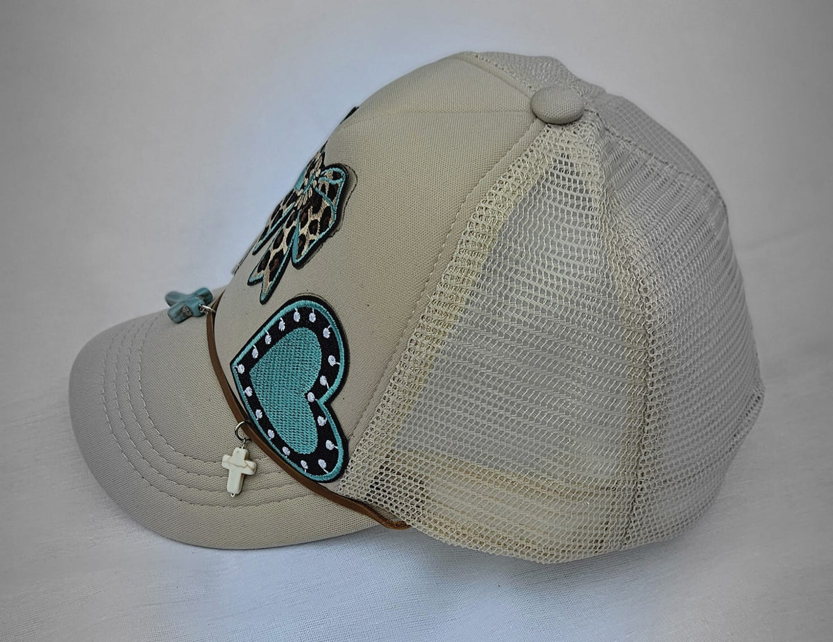 Leopard Print Turquoise Trucker Hat • Embellished Western Cowgirl Cap with Charms